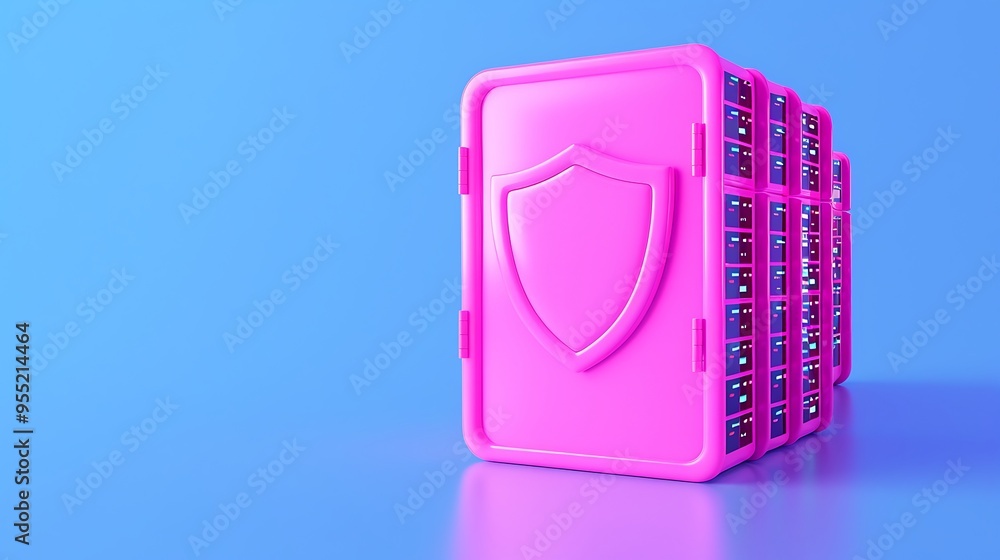 Pink server with shield icon on blue background symbolizing cybersecurity and data protection in technology concept. Pink server with shield icon on blue background symbolizing cybersecurity and data protection in technology concept.