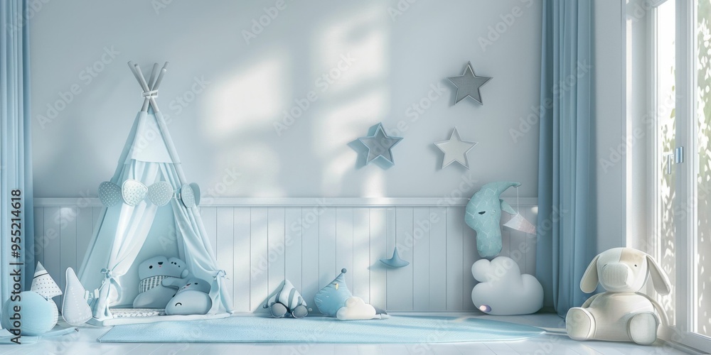 Cozy children s room with soft blue decor and whimsical toys in a bright, airy atmosphere Cozy children s room with soft blue decor and whimsical toys in a bright, airy atmosphere