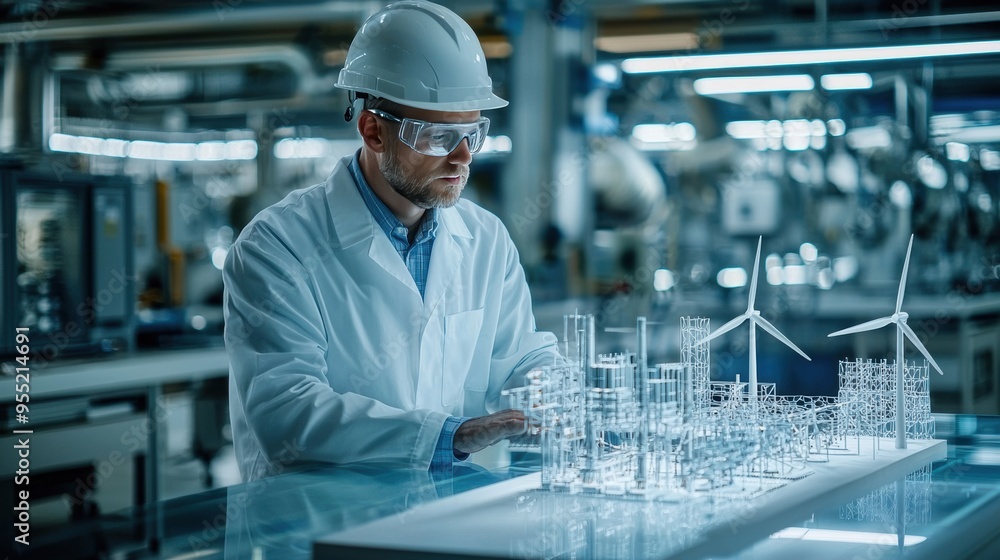 Engineer Examining Wind Farm Model. Engineer Examining Wind Farm Model.
