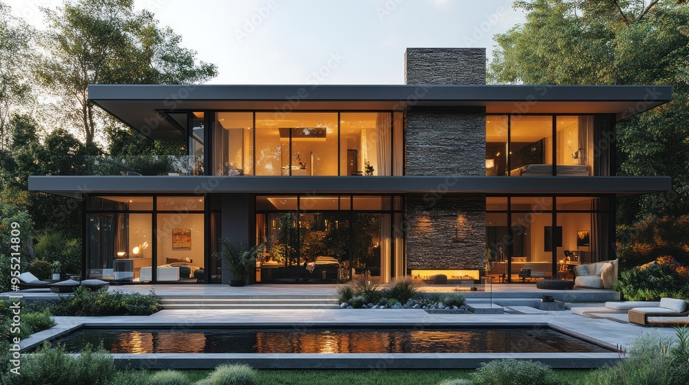 Obraz premium Modern house with large windows and a serene poolside setting.