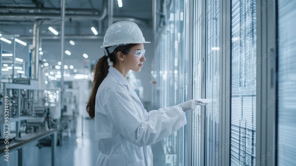 Female Engineer in Hard Hat Inspecting Glass Panels. Female Engineer in Hard Hat Inspecting Glass Panels.
