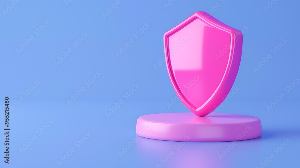 Pink shield on a stand in front of blue background, symbolizing protection and security in a minimalist, modern design. Pink shield on a stand in front of blue background, symbolizing protection and security in a minimalist, modern design.