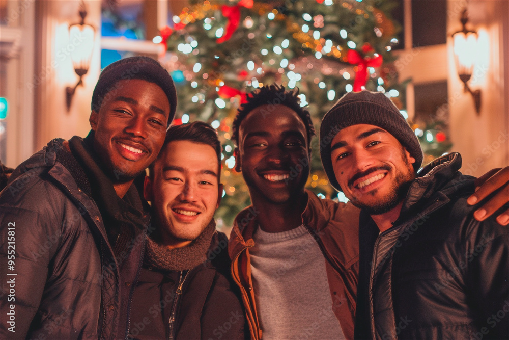 AI generated photo with a gathering of multi ethnic young male friends. On a background with Christmas tree and New Year's lights and decorations AI generated photo with a gathering of multi ethnic young male friends. On a background with Christmas tree and New Year's lights and decorations