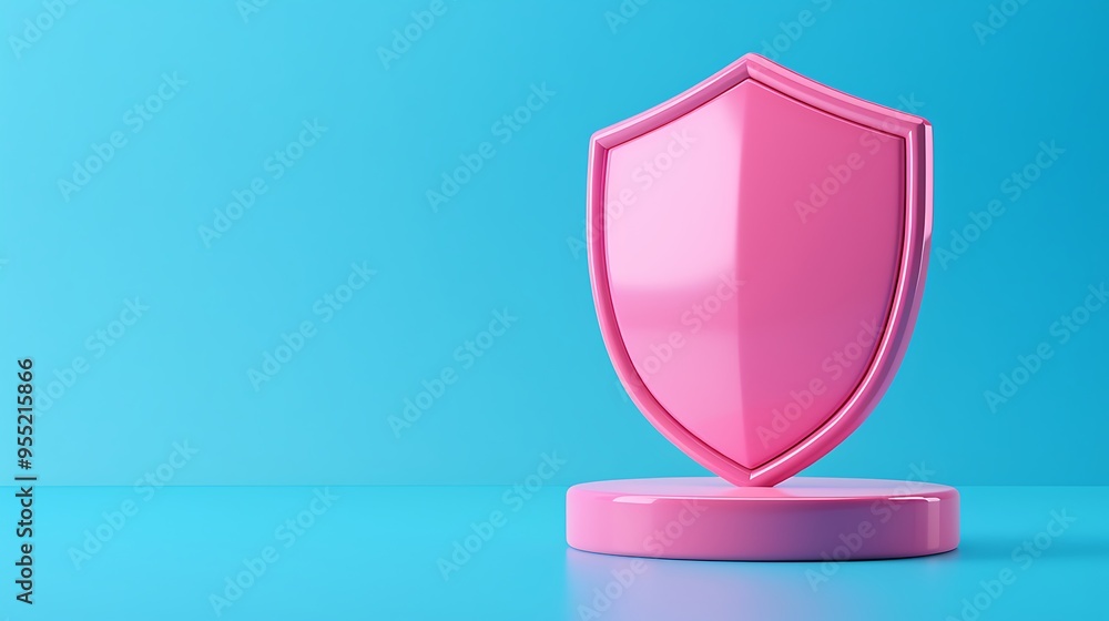 Pink shield standing on a pedestal against a blue background, symbolizing protection, security, and safety in a minimalist design. Pink shield standing on a pedestal against a blue background, symbolizing protection, security, and safety in a minimalist design.