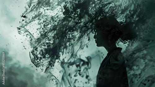 Wallpaper Mural A silhouette of a person with an abstract, swirling, dark green background. Torontodigital.ca