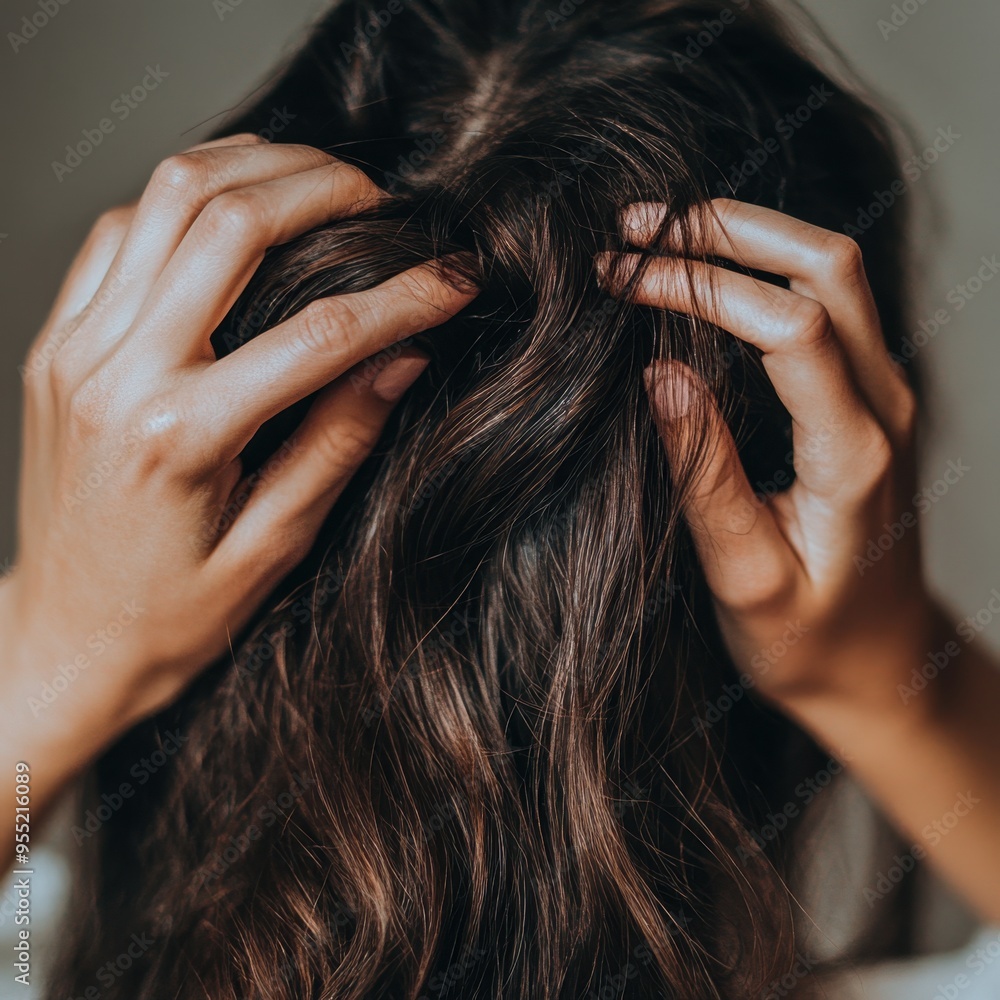 Naklejka premium Close-up of woman's head and woman's hands holding hair. Hair treatment and care. Damaged hair, oily hair and broken hair