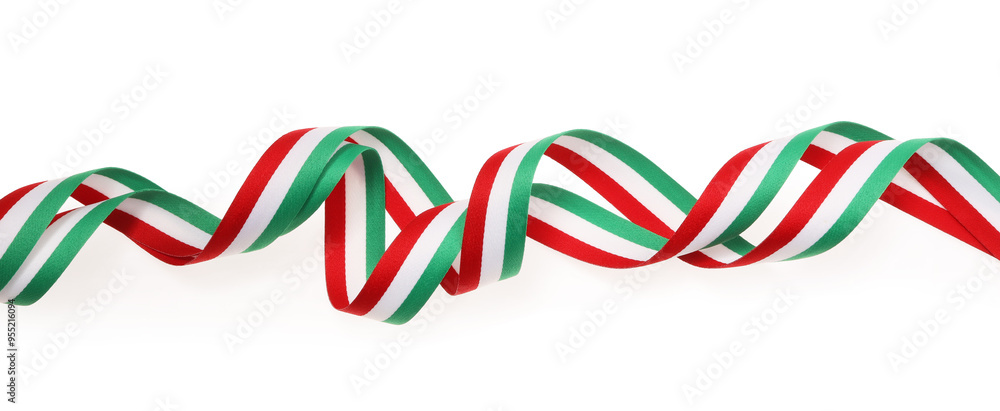 Fototapeta premium Ribbons with Hungary flag pattern isolated on white, top view