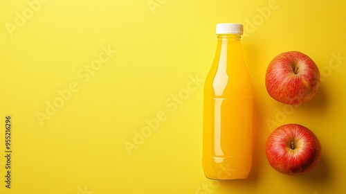 Bottle of fresh apple juice on yellow background