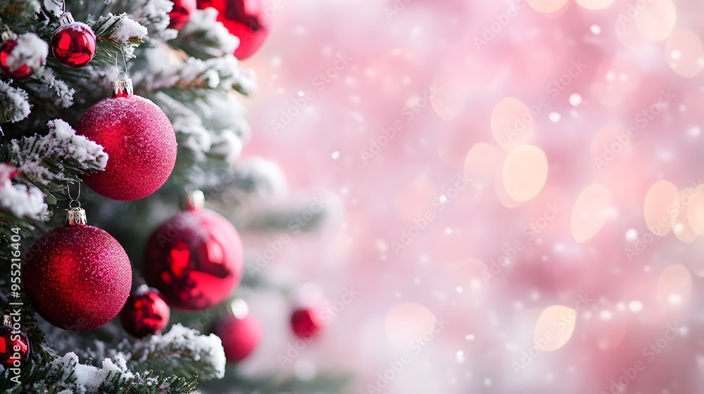 Obraz premium Festive Christmas Tree Decorated with Red Ornaments Covered in Snow