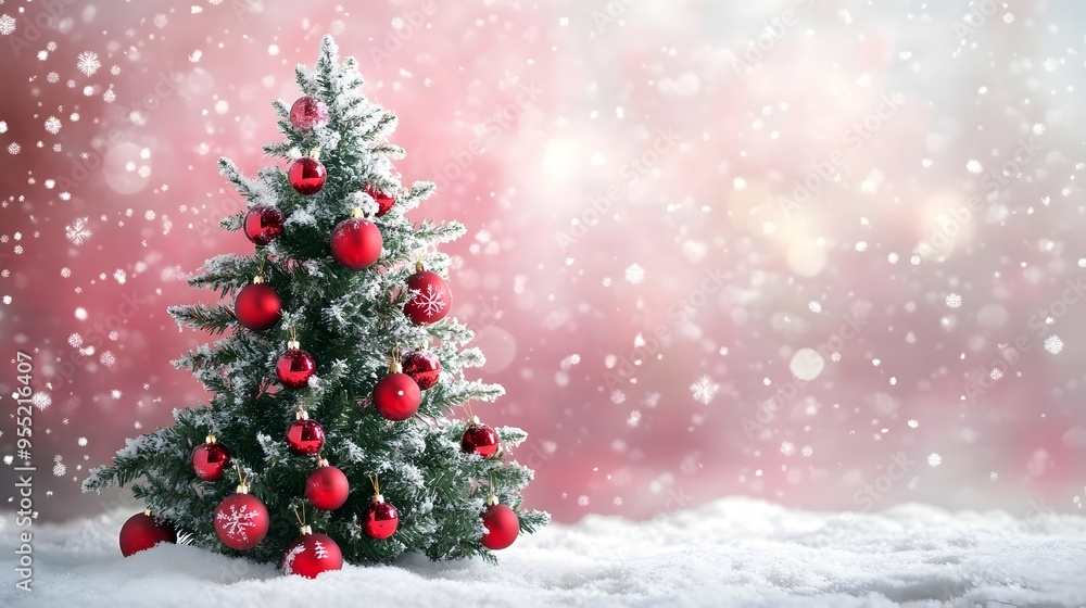 Festive Christmas Tree Covered in Snow with Red Ornaments and Twinkling Lights in Winter Wonderland Festive Christmas Tree Covered in Snow with Red Ornaments and Twinkling Lights in Winter Wonderland