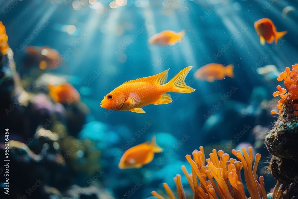 Fototapeta premium Orange Fish Swimming in a Blue Aquarium with Coral