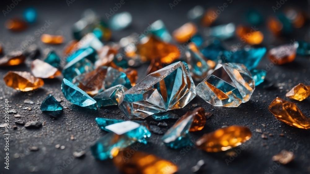 Shattered glass pieces scattered on cracked surface. Shattered glass pieces scattered on cracked surface.
