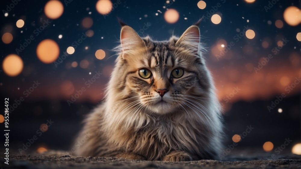Beautiful fluffy cat on the background of the starry sky. Beautiful fluffy cat on the background of the starry sky.