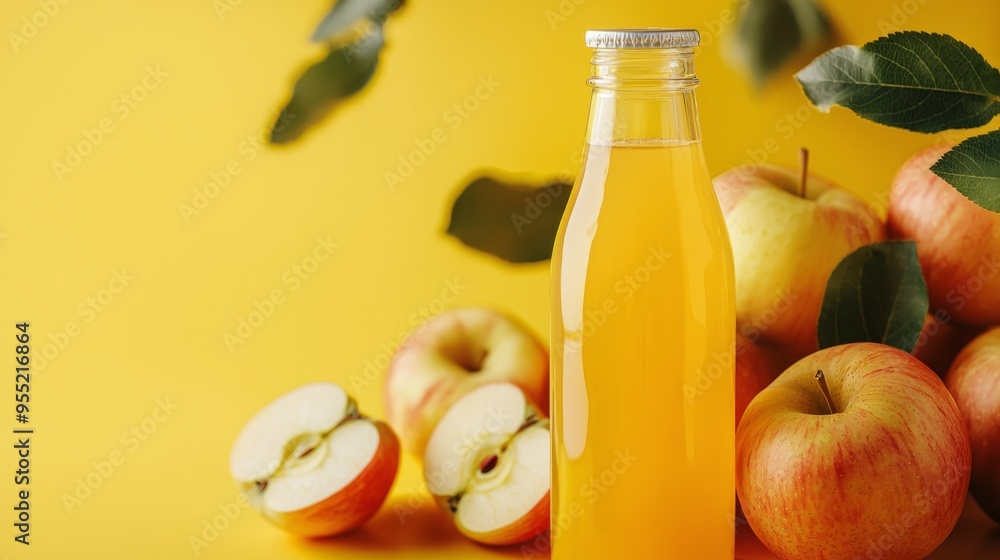 Bottle of fresh apple juice on yellow background Bottle of fresh apple juice on yellow background