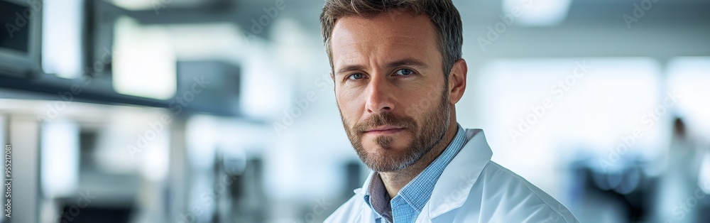 Fototapeta premium Confident Male Scientist Posed in Vivid Laboratory Setting