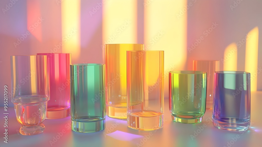 Vibrant Transparent Glasses Casting Colorful Luminous Rays of Light Vibrant Transparent Glasses Casting Colorful Luminous Rays of Light
