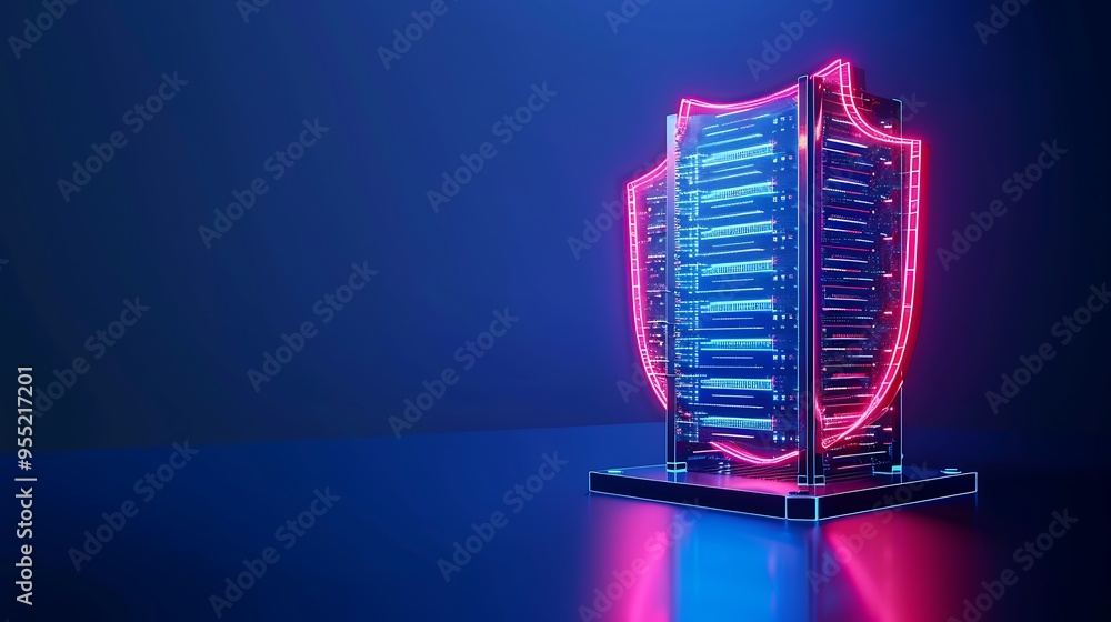 Secure data server protected by a neon shield, symbolizing cyber security and data protection. Blue background enhances the futuristic look. Secure data server protected by a neon shield, symbolizing cyber security and data protection. Blue background enhances the futuristic look.