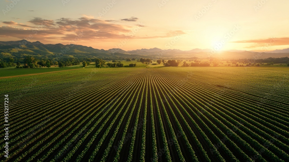 Sunset Over Agricultural Fields with Mountain View