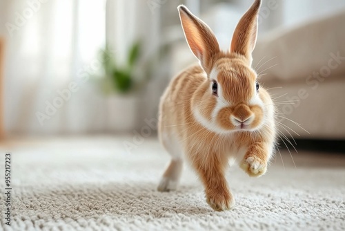 A Brown and White Rabbit Running Across a Carpet