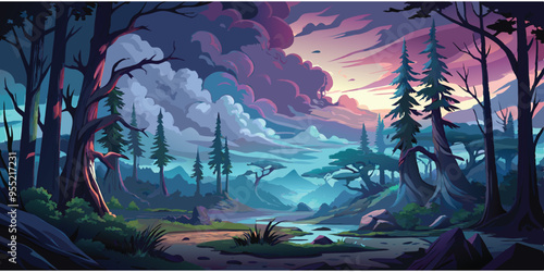  beautiful dark forest landscape with fog and clouds vector art illustration. AI GENERATED