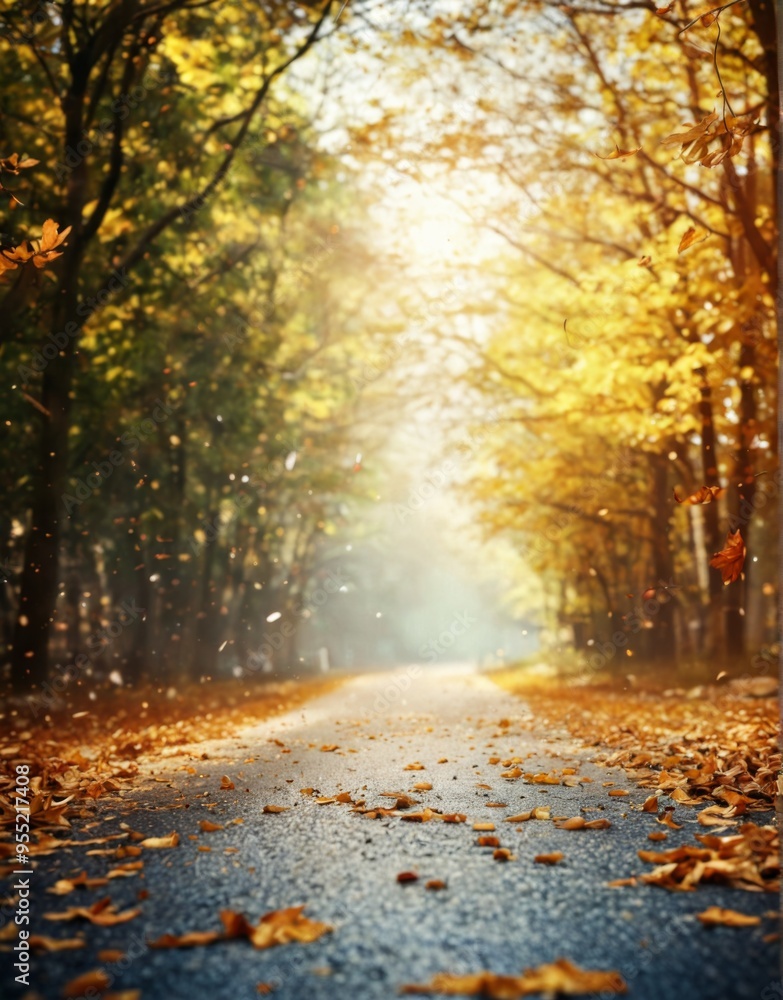 Beautiful autumn scene road foreground covered fallen leaves In Beautiful autumn scene road foreground covered fallen leaves In
