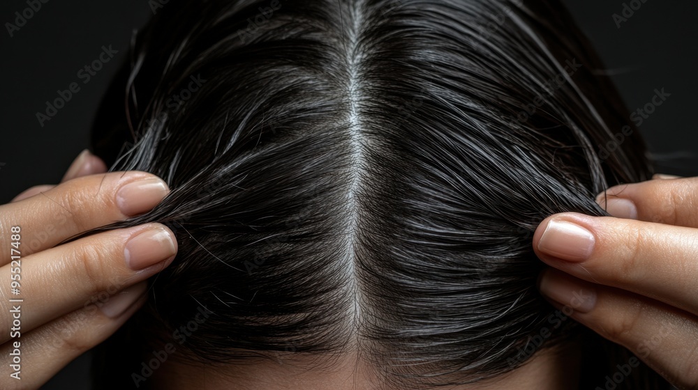 Obraz premium Close-up of a woman's head with hands holding her hair, focusing on treatment for damage, oiliness, and breakage. Copy space.