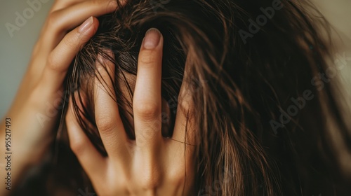 Close-up of a woman's head with hands holding her hair, focusing on treatment for damage, oiliness, and breakage. Copy space. photo