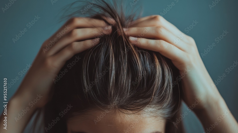 Close-up of a woman's head with hands holding her hair, focusing on treatment for damage, oiliness, and breakage. Copy space. Close-up of a woman's head with hands holding her hair, focusing on treatment for damage, oiliness, and breakage. Copy space.