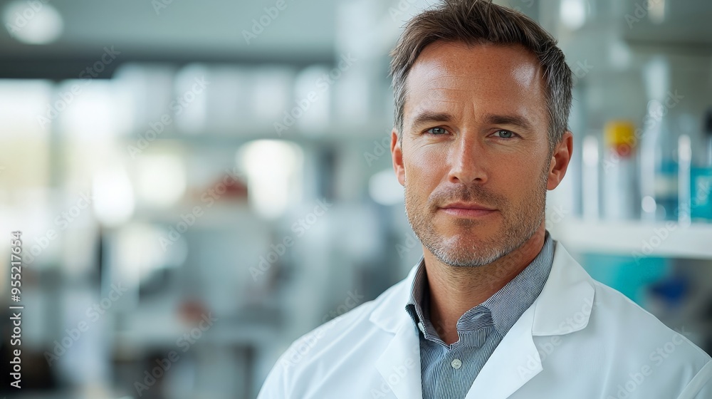 Confident Male Scientist Posed in Vivid Laboratory Setting Confident Male Scientist Posed in Vivid Laboratory Setting