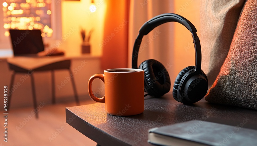 A serene reading nook featuring a work desk, coffee mug, and inviting decor, embodying a relaxing work space. A serene reading nook featuring a work desk, coffee mug, and inviting decor, embodying a relaxing work space.