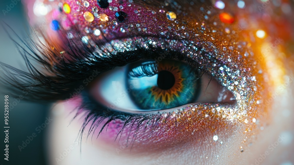 Close-up of an eye with sparkly rhinestones and vibrant makeup, capturing the essence of artistic beauty and creative expression. Close-up of an eye with sparkly rhinestones and vibrant makeup, capturing the essence of artistic beauty and creative expression.