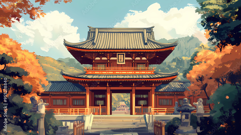 Japanese temple in the background. Temple. Illustration Japanese temple in the background. Temple. Illustration