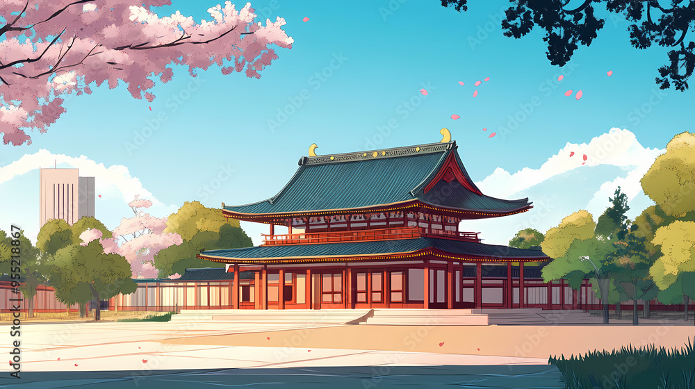Obraz premium Japanese temple illustration in anime style, traditional oriental architecture with cherry blossoms, serene asian landscape under blue sky