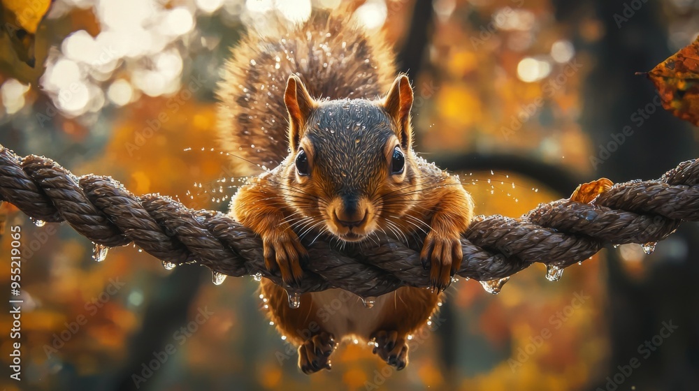 Obraz premium Squirrel on a rope with autumn leaves in a blurred background