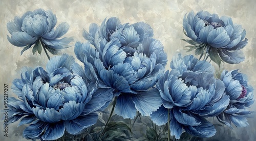 Painting group blue peonies peonies are full bloom Three floral #955219207