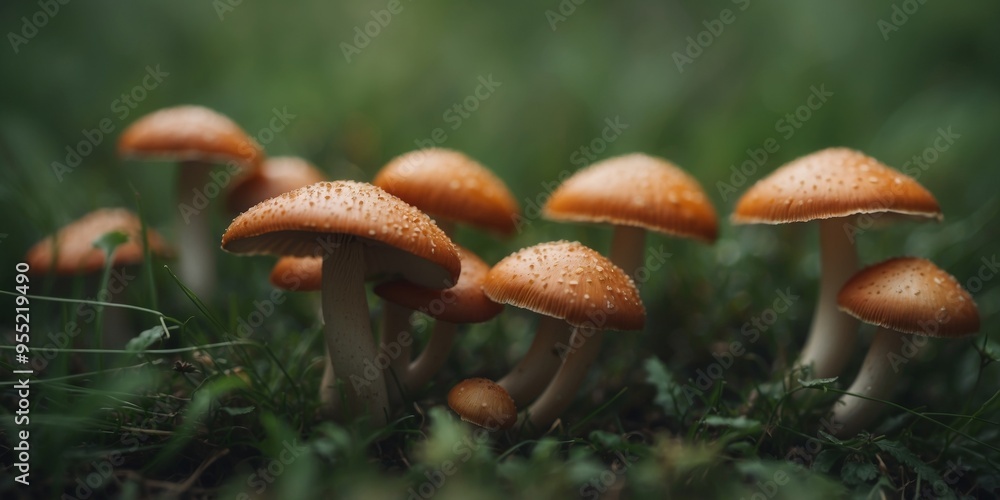 Fototapeta premium Close-up shot of small wild mushrooms in green grass.