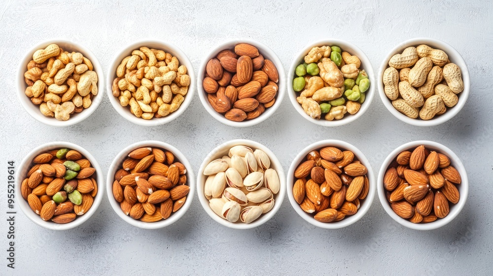 Variety of nuts in small white bowls healthy snacks Variety of nuts in small white bowls healthy snacks