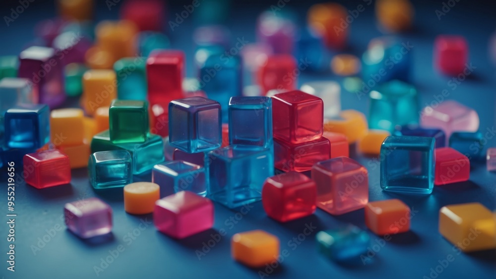 Close up color plastic block is build project on blue background. Close up color plastic block is build project on blue background.