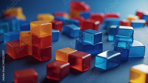 Close up color plastic block is build project on blue background. photo