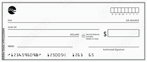 Empty money Cheque. Bank check. check book template with pattern and blank fields. Currency payment coupon, US dollar check background.
