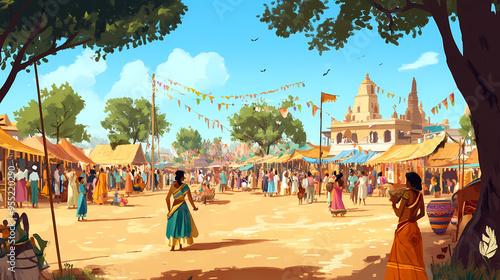 Village fair: a lively village fair in rural india, with folk music, dance performances, traditional games, and local handicrafts on display. Village. Illustration