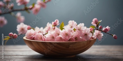 Delicate Pink Blossom in a Wooden Bowl on Water.