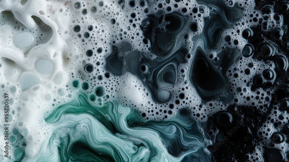 Abstract image showcasing a mesmerizing mix of gray, black, white, and green swirling patterns with a frothy, fluid-like appearance to evoke a modern artistic feels. Abstract image showcasing a mesmerizing mix of gray, black, white, and green swirling patterns with a frothy, fluid-like appearance to evoke a modern artistic feels.