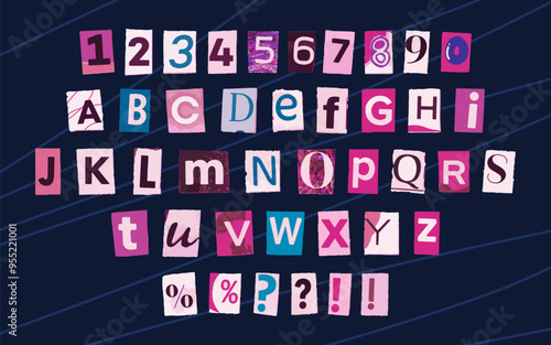 Collection of magazine cutout alphabet font with ripped and torn edges. 2000s aesthetic. Cut letters and numbers from newspaper in trendy pop art style.