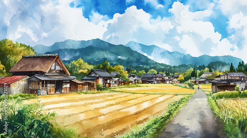 A picturesque watercolor illustration of a japanese countryside, with a small village and a rice field. Village. Illustration