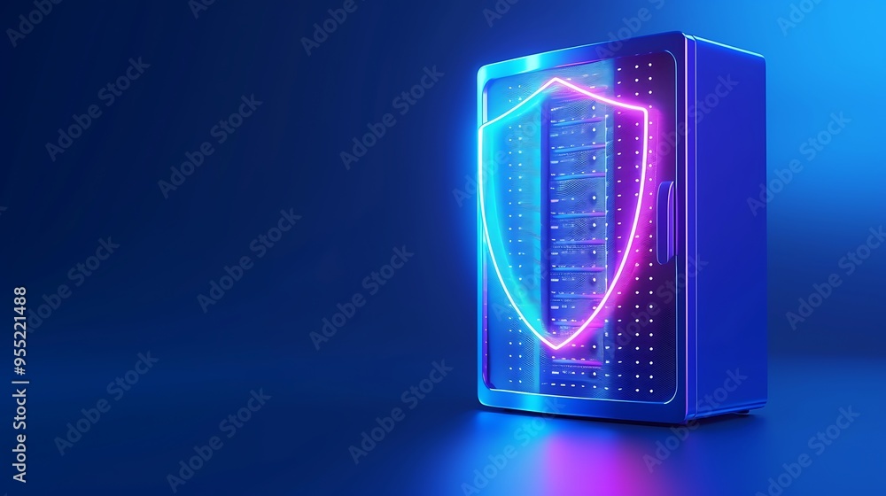Secure server with digital shield icon, representing cybersecurity and data protection, illuminated by neon lights on a blue background. Secure server with digital shield icon, representing cybersecurity and data protection, illuminated by neon lights on a blue background.