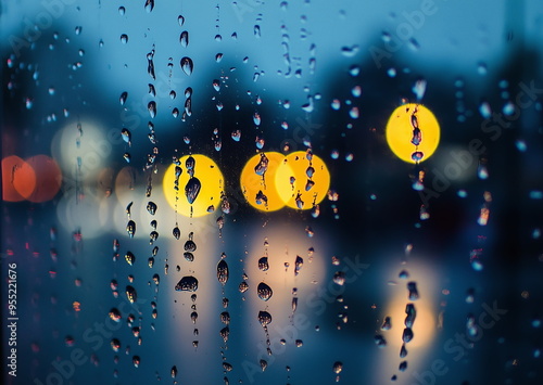 Raindrops on the window. Blue tone