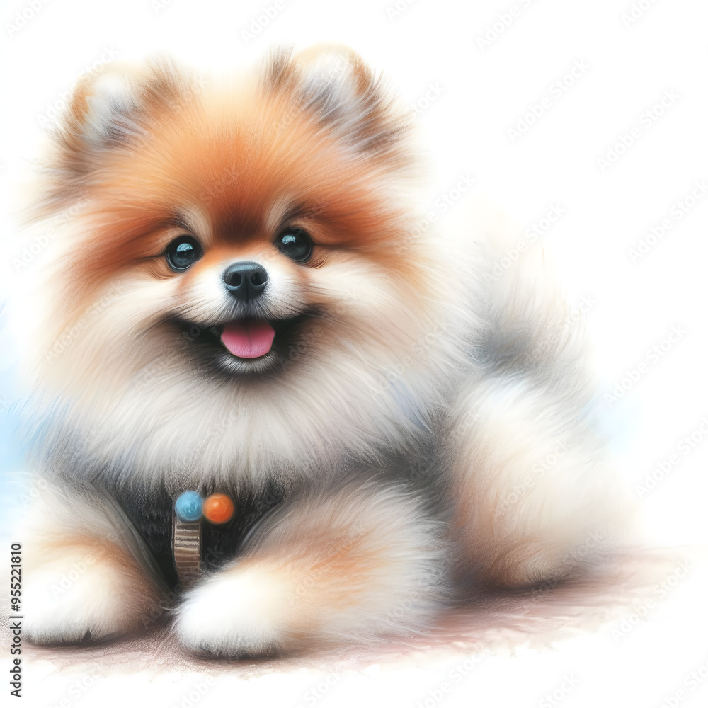 Obraz premium 흰 배경, 포메라니안, 파스텔화 (White background, Pomeranian, pastel painting)