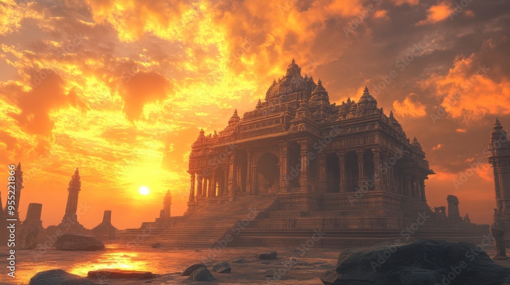 Fototapeta premium An ancient Indian temple standing majestically under a vibrant sunset, with no people around, evoking a sense of timeless solitude.