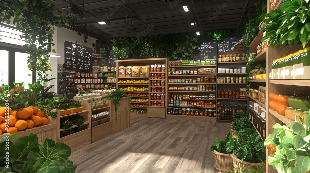 A clean store with eco-friendly greens and 3D-rendered bulk food products A clean store with eco-friendly greens and 3D-rendered bulk food products